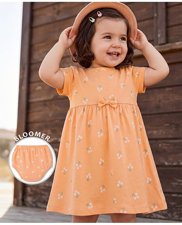 Babyhug Single Jersey Knit Half Sleeves Floral Printed Frock With Bloomer & Bow Applique - Peach