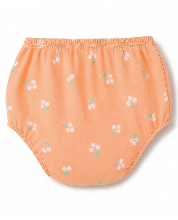 Babyhug Single Jersey Knit Half Sleeves Floral Printed Frock With Bloomer & Bow Applique - Peach