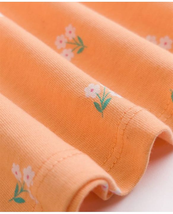 Babyhug Single Jersey Knit Half Sleeves Floral Printed Frock With Bloomer & Bow Applique - Peach