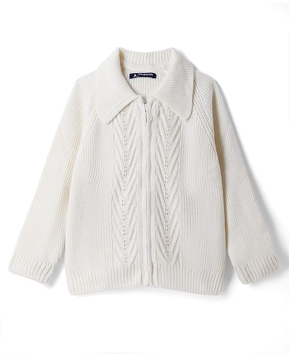 Pine Kids Knit Full Sleeves Front Open Sweater - Offwhite