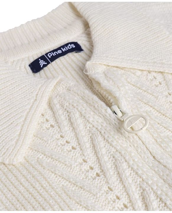 Pine Kids Knit Full Sleeves Front Open Sweater - Offwhite