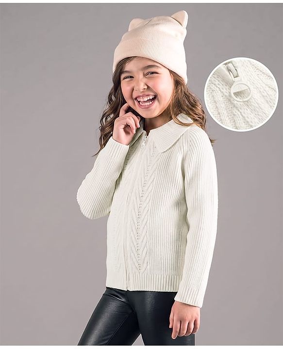 Pine Kids Knit Full Sleeves Front Open Sweater - Offwhite