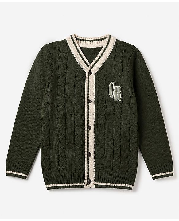 Pine Kids Cable Knit Front Open Sweater with Full Sleeves and Cr Patch in Green