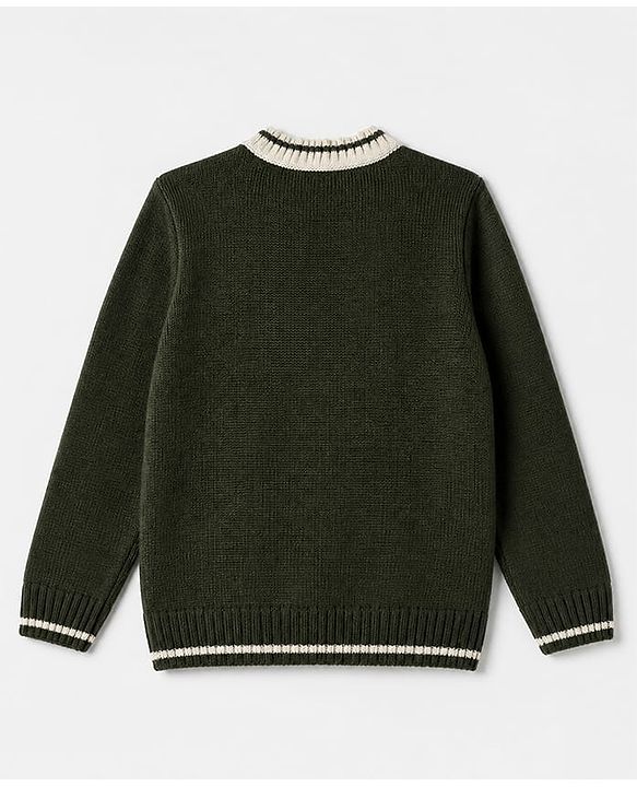 Pine Kids Cable Knit Front Open Sweater with Full Sleeves and Cr Patch in Green