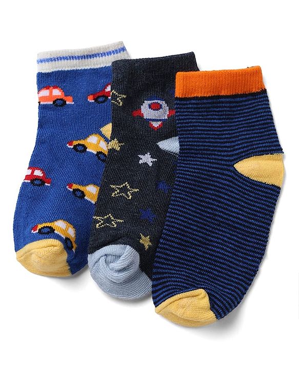Cute Walk by Babyhug Knit Socks with Vehicles & Star Print Pack of 3 in Blue & Black