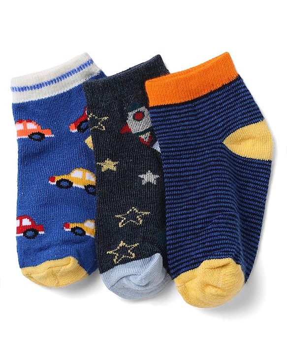 Cute Walk by Babyhug Knit Socks with Vehicles & Star Print Pack of 3 in Blue & Black