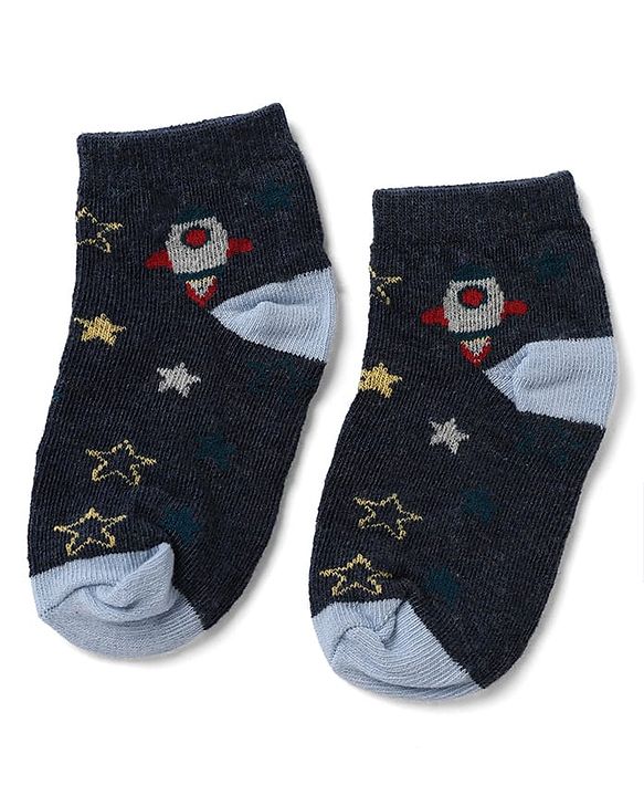 Cute Walk by Babyhug Knit Socks with Vehicles & Star Print Pack of 3 in Blue & Black