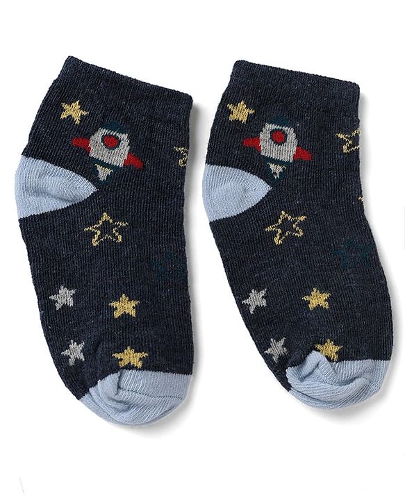 Cute Walk by Babyhug Knit Socks with Vehicles & Star Print Pack of 3 in Blue & Black