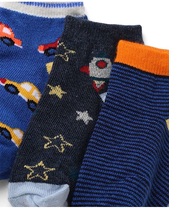Cute Walk by Babyhug Knit Socks with Vehicles & Star Print Pack of 3 in Blue & Black