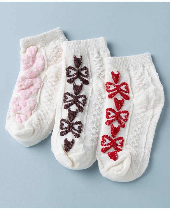 Cute Walk by Babyhug Knit Anti Bacterial Ankle Length Anti Skid Socks With Bow Design Pack of 3 - White