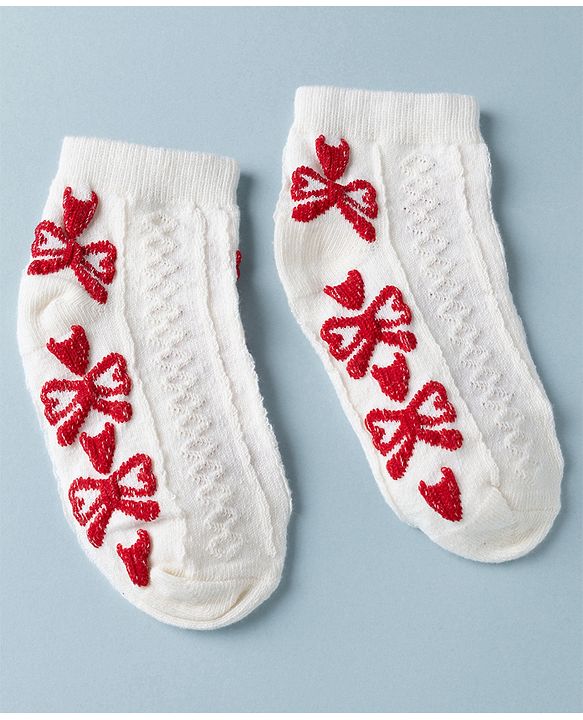 Cute Walk by Babyhug Knit Anti Bacterial Ankle Length Anti Skid Socks With Bow Design Pack of 3 - White