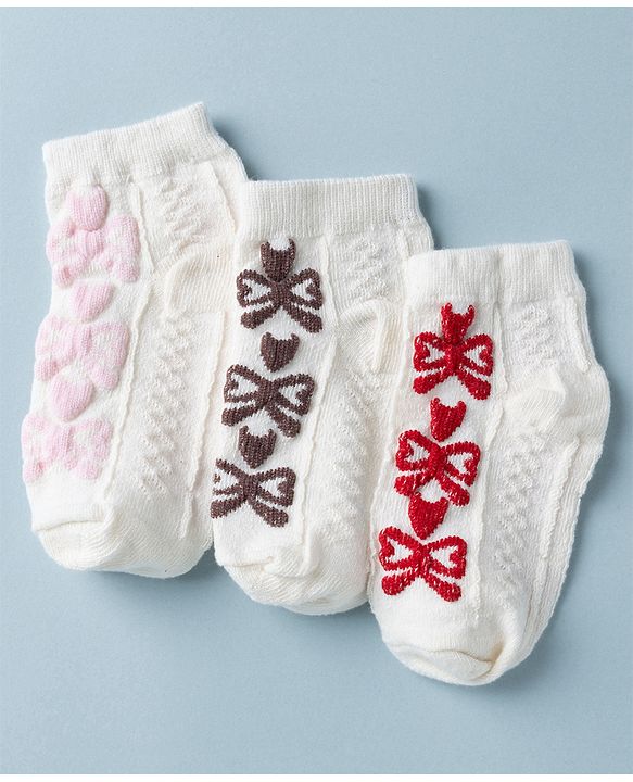 Cute Walk by Babyhug Knit Anti Bacterial Ankle Length Anti Skid Socks With Bow Design Pack of 3 - White