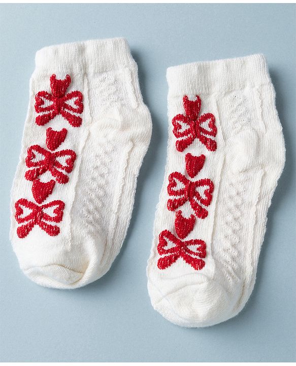 Cute Walk by Babyhug Knit Anti Bacterial Ankle Length Anti Skid Socks With Bow Design Pack of 3 - White