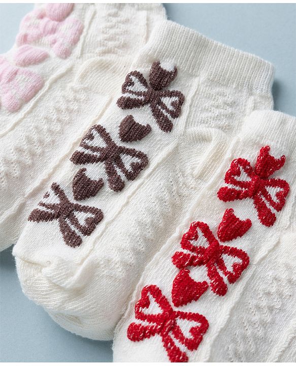 Cute Walk by Babyhug Knit Anti Bacterial Ankle Length Anti Skid Socks With Bow Design Pack of 3 - White