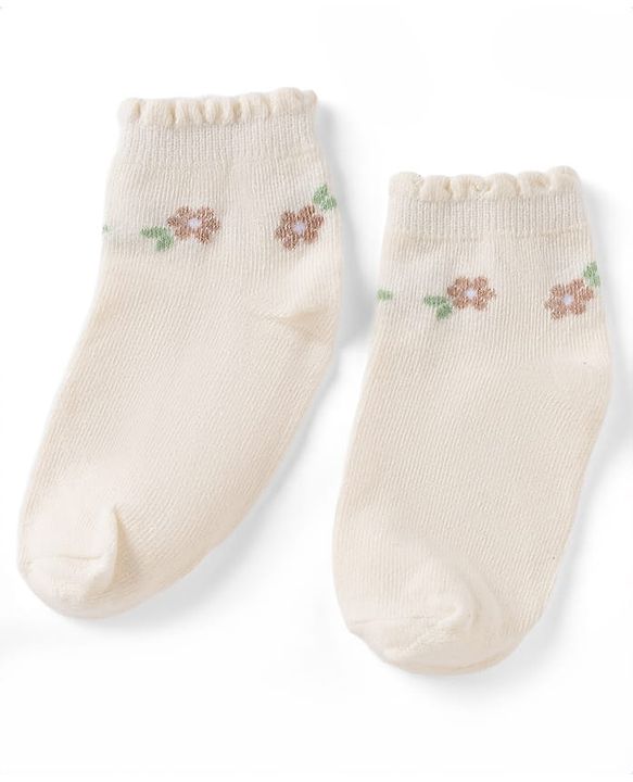 Cute Walk By Babyhug Poly Blends Knit Anti Bacterial Ankle Length Embroided Socks With Flower Design Pack of 3 - Sea Green, Light Peach & Off White