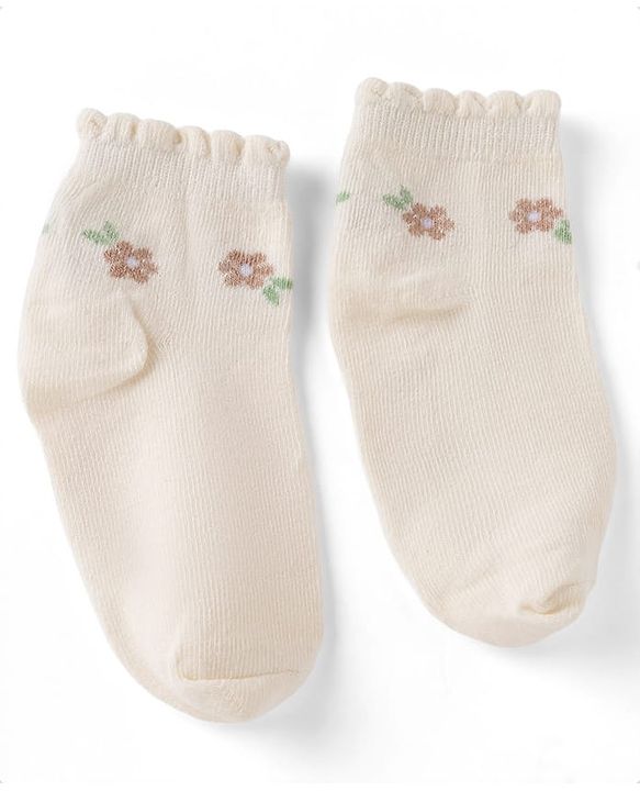 Cute Walk By Babyhug Poly Blends Knit Anti Bacterial Ankle Length Embroided Socks With Flower Design Pack of 3 - Sea Green, Light Peach & Off White