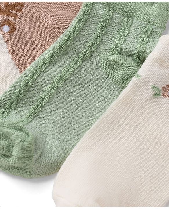 Cute Walk By Babyhug Poly Blends Knit Anti Bacterial Ankle Length Embroided Socks With Flower Design Pack of 3 - Sea Green, Light Peach & Off White