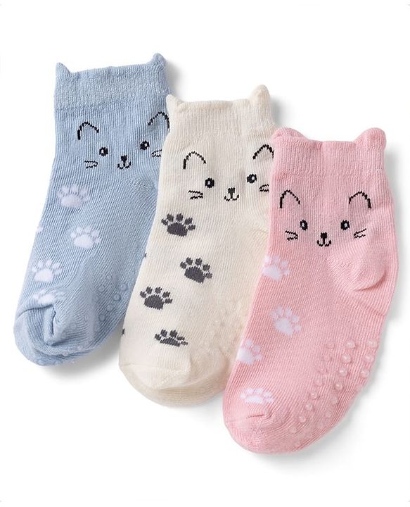 Cute Walk By Babyhug Poly Blends Knit Anti Bacterial Ankle Length Socks With Paw Desgin Pack of 3 - Light Pink, Beige & Blue