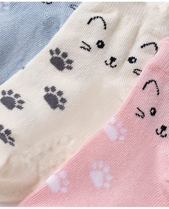 Cute Walk By Babyhug Poly Blends Knit Anti Bacterial Ankle Length Socks With Paw Desgin Pack of 3 - Light Pink, Beige & Blue