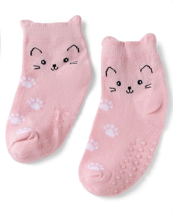 Cute Walk By Babyhug Poly Blends Knit Anti Bacterial Ankle Length Socks With Paw Desgin Pack of 3 - Light Pink, Beige & Blue