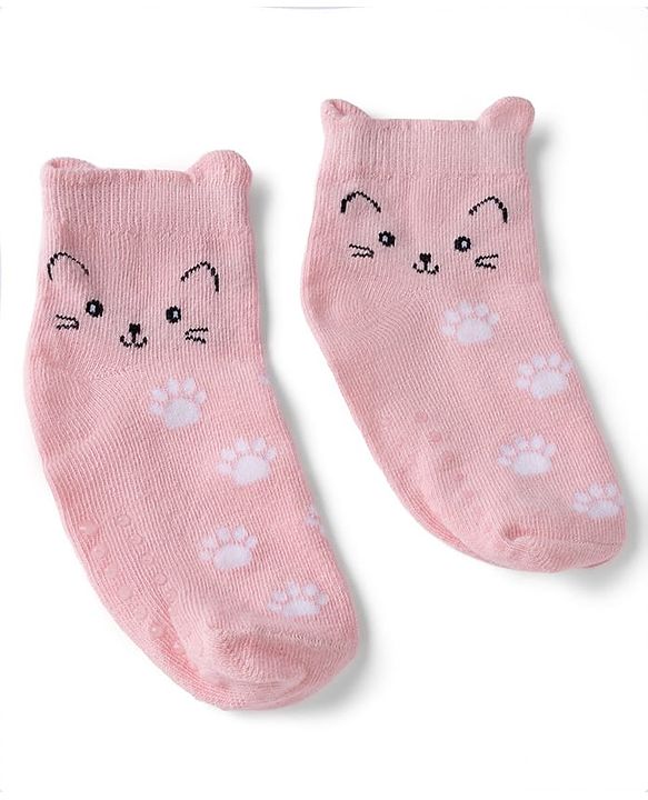 Cute Walk By Babyhug Poly Blends Knit Anti Bacterial Ankle Length Socks With Paw Desgin Pack of 3 - Light Pink, Beige & Blue