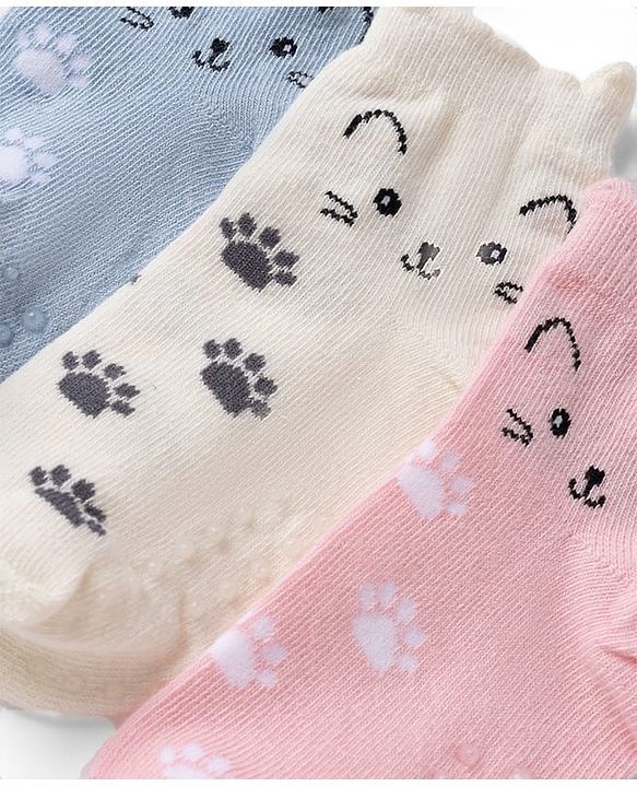 Cute Walk By Babyhug Poly Blends Knit Anti Bacterial Ankle Length Socks With Paw Desgin Pack of 3 - Light Pink, Beige & Blue