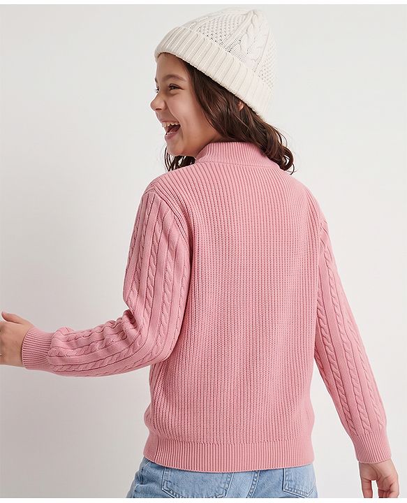 Pine Kids Cable Knit Front Open Sweater with Full Sleeves in Pink for 4-5 Years