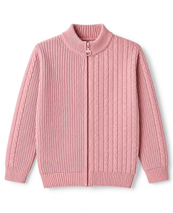 Pine Kids Cable Knit Front Open Sweater with Full Sleeves in Pink for 4-5 Years