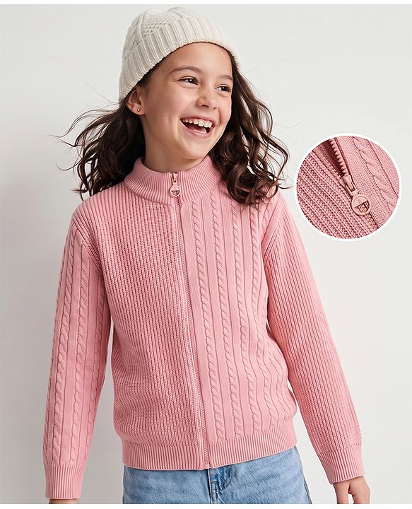Pine Kids Cable Knit Front Open Sweater with Full Sleeves in Pink for 4-5 Years