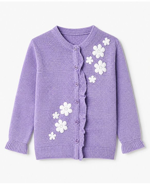 Pine Kids Knit Full Sleeves Front Open Sweater with Frill Details & Floral Embroidery - Purple