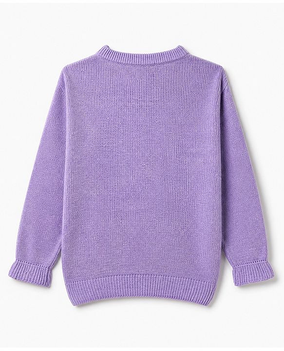 Pine Kids Knit Full Sleeves Front Open Sweater with Frill Details & Floral Embroidery - Purple