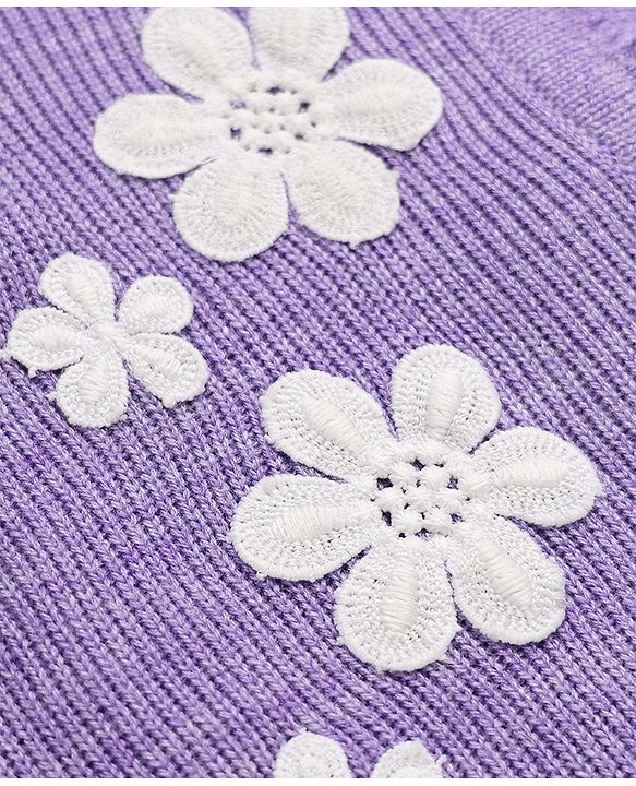 Pine Kids Knit Full Sleeves Front Open Sweater with Frill Details & Floral Embroidery - Purple