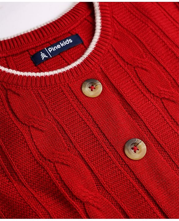Pine Kids Knit Full Sleeves Pullover with Button & Frill Detailing - Red
