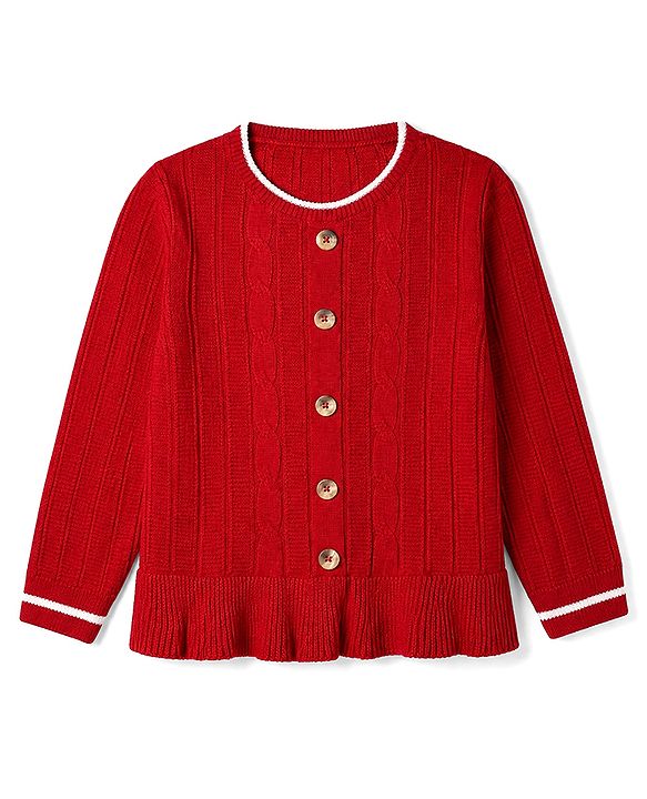 Pine Kids Knit Full Sleeves Pullover with Button & Frill Detailing - Red