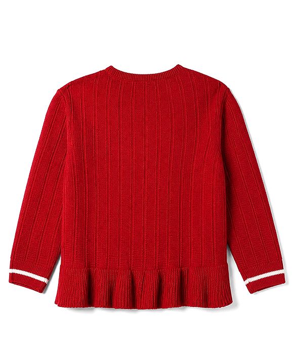 Pine Kids Knit Full Sleeves Pullover with Button & Frill Detailing - Red