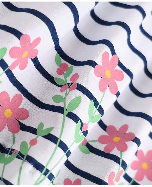 Babyhug Single Jersey Knit Half Sleeves Striped Frock and Bloomer Set With Floral Print - White