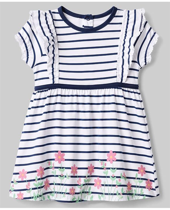 Babyhug Single Jersey Knit Half Sleeves Striped Frock and Bloomer Set With Floral Print - White