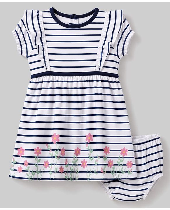 Babyhug Single Jersey Knit Half Sleeves Striped Frock and Bloomer Set With Floral Print - White