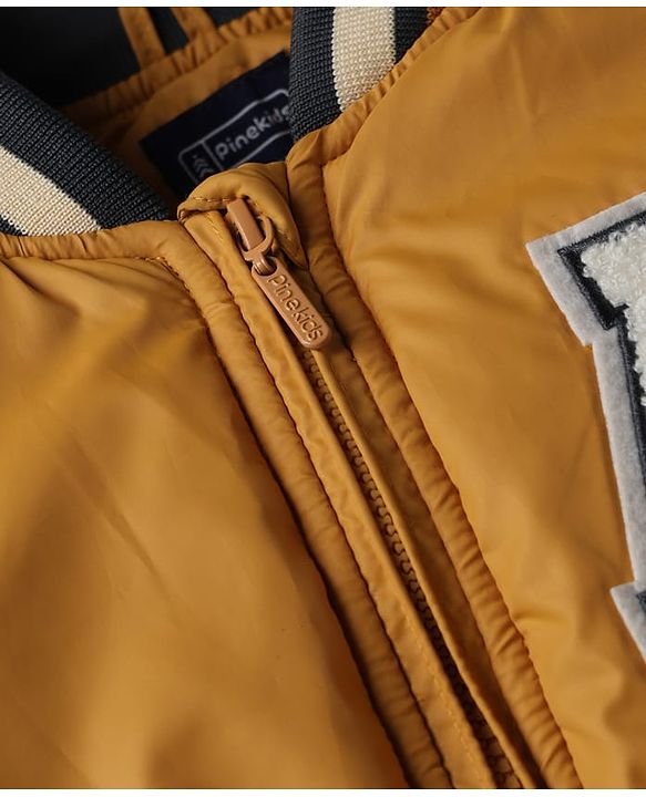 Pine Kids Woven Bomber Jacket with Full Sleeves and Varsity Applique in Yellow for 4-5 Years