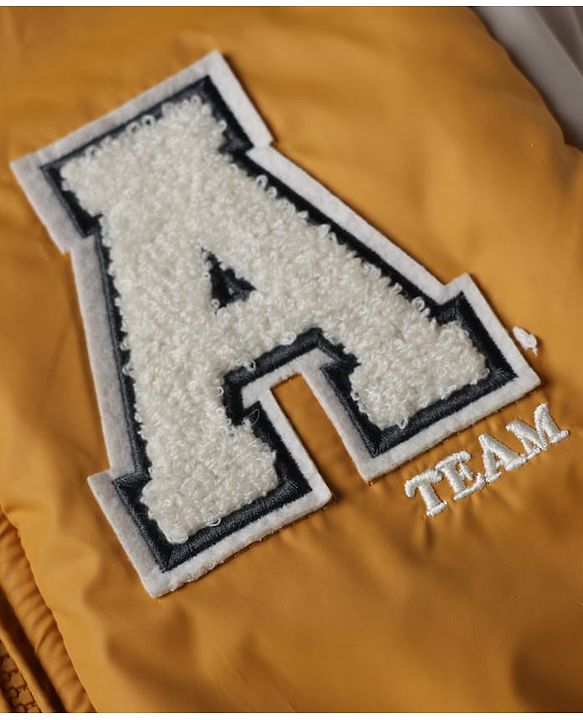 Pine Kids Woven Bomber Jacket with Full Sleeves and Varsity Applique in Yellow for 4-5 Years