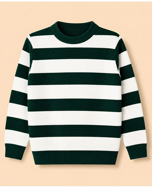 Pine Kids Knit Pullover with Full Sleeves and Striped Design in White