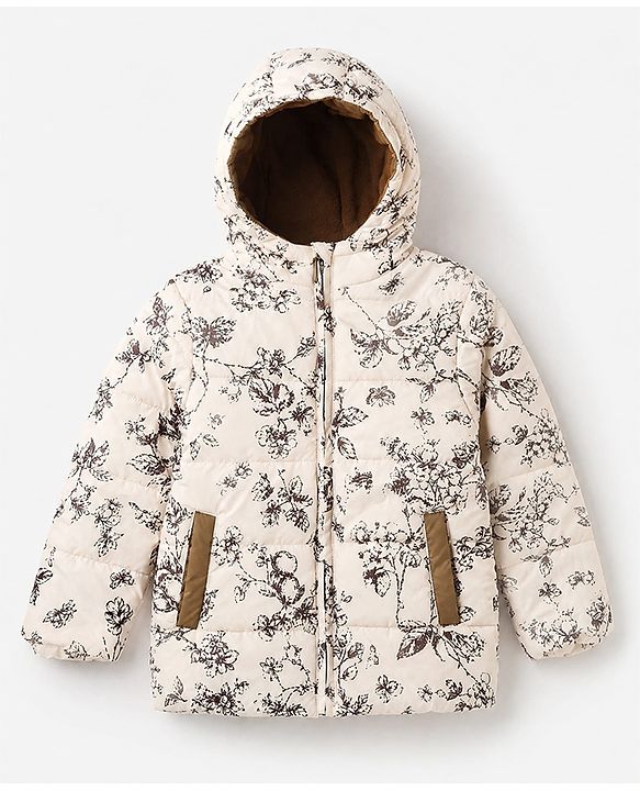 Pine Kids Woven Full Sleeves Hooded Paded Quilted Winter Jacket With Floral Print - OffWhite