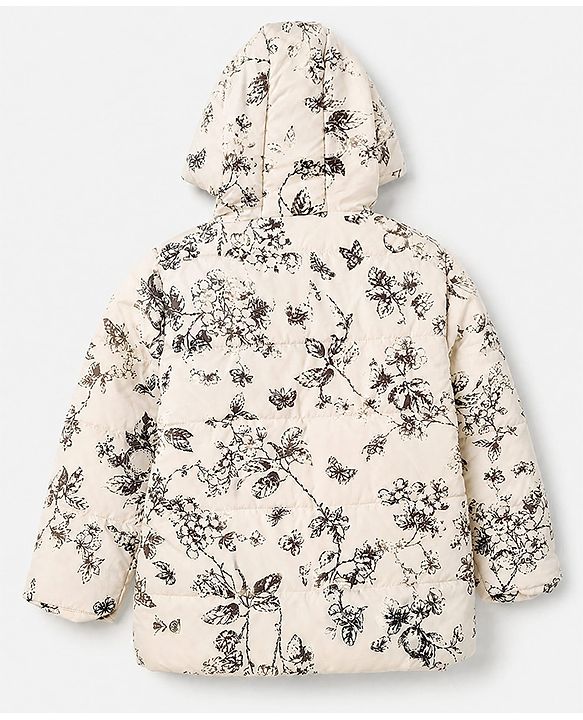 Pine Kids Woven Full Sleeves Hooded Paded Quilted Winter Jacket With Floral Print - OffWhite