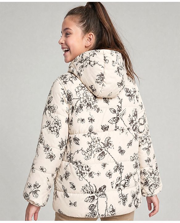 Pine Kids Woven Full Sleeves Hooded Paded Quilted Winter Jacket With Floral Print - OffWhite