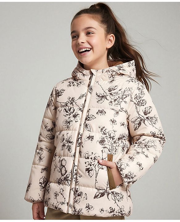 Pine Kids Woven Full Sleeves Hooded Paded Quilted Winter Jacket With Floral Print - OffWhite