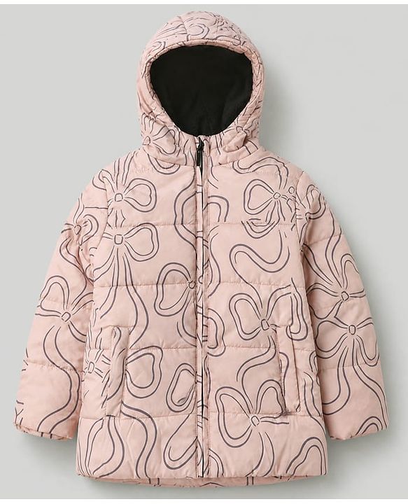 Pine Kids Woven Full Sleeves Hooded Paded Quilted Winter Jacket With Bow Print - Pink