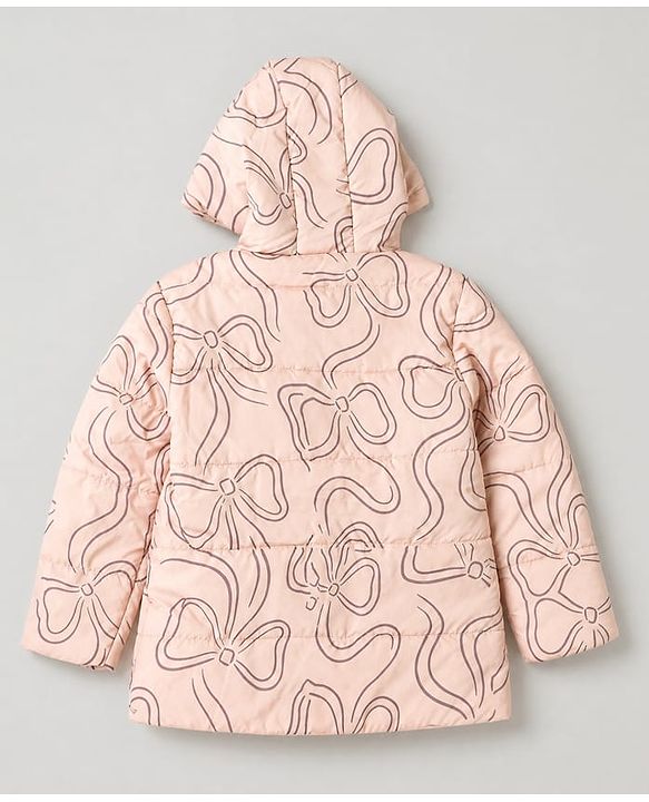 Pine Kids Woven Full Sleeves Hooded Paded Quilted Winter Jacket With Bow Print - Pink