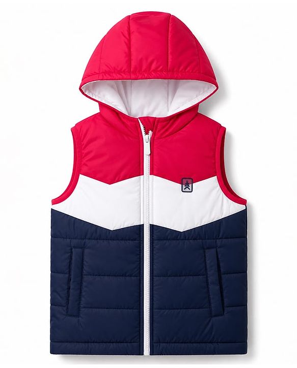 Pine Kids Woven Sleeveless Color Block Padded Hoodie - Red