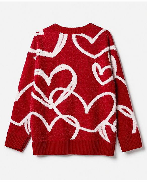 Pine Kids Pullover with Full Sleeves and Hearts Design in Red