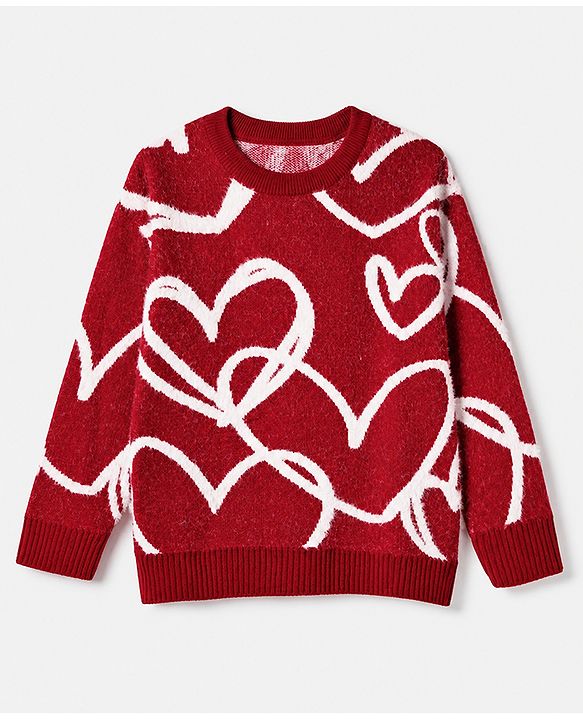 Pine Kids Pullover with Full Sleeves and Hearts Design in Red